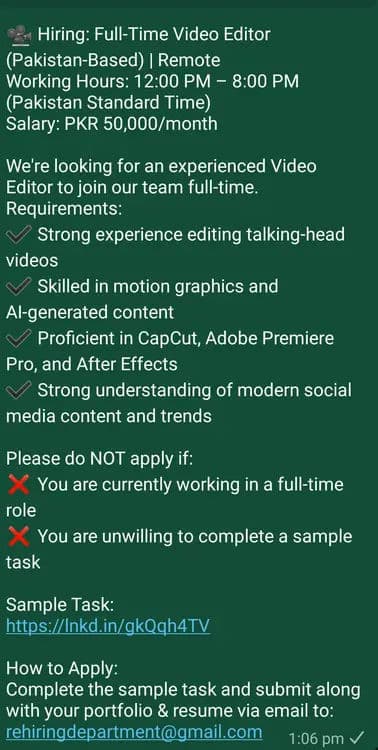 Hiring full time video editor 